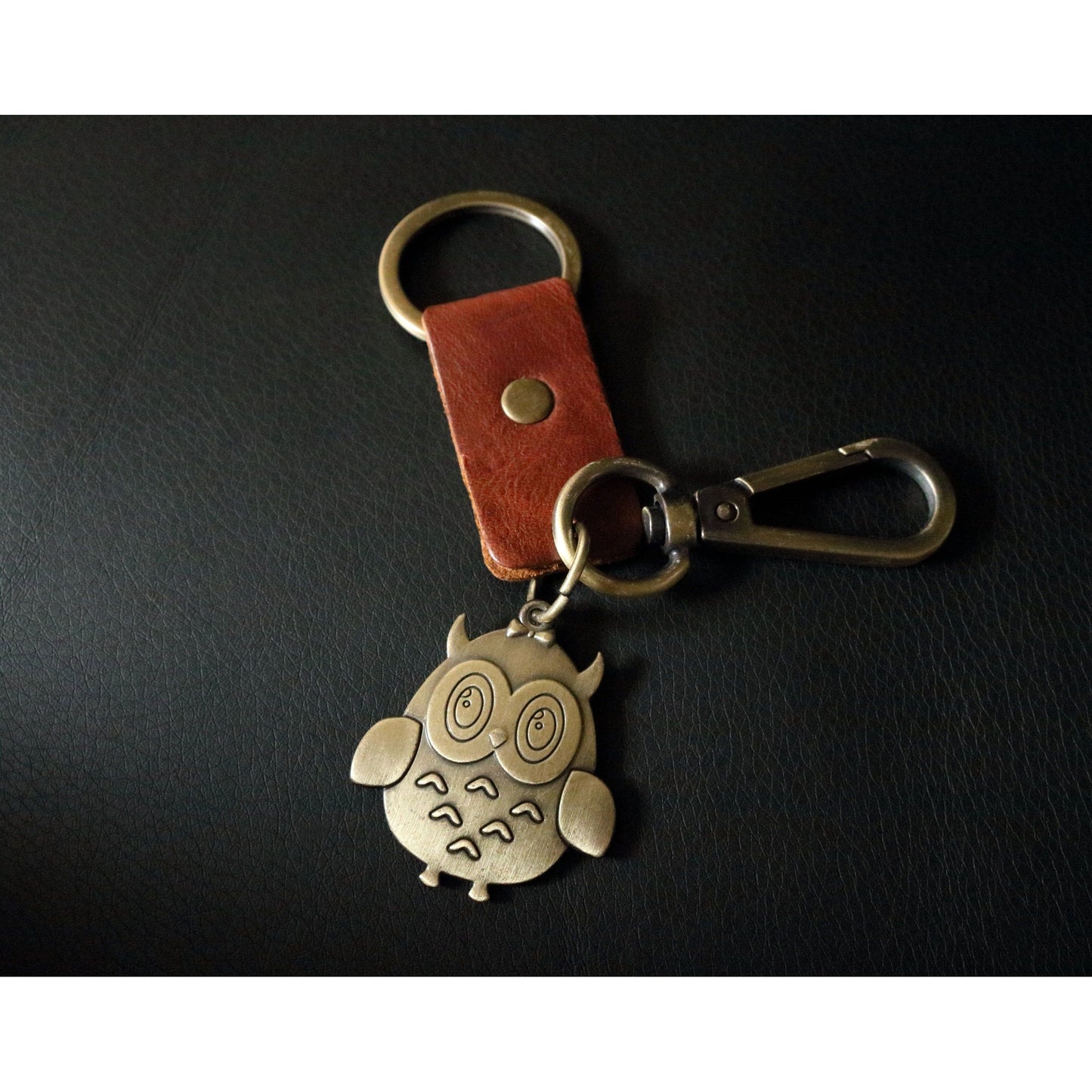 Owl Keychain Charm – Handmade Vintage Leather – Bird Gift Keyring-AuPra