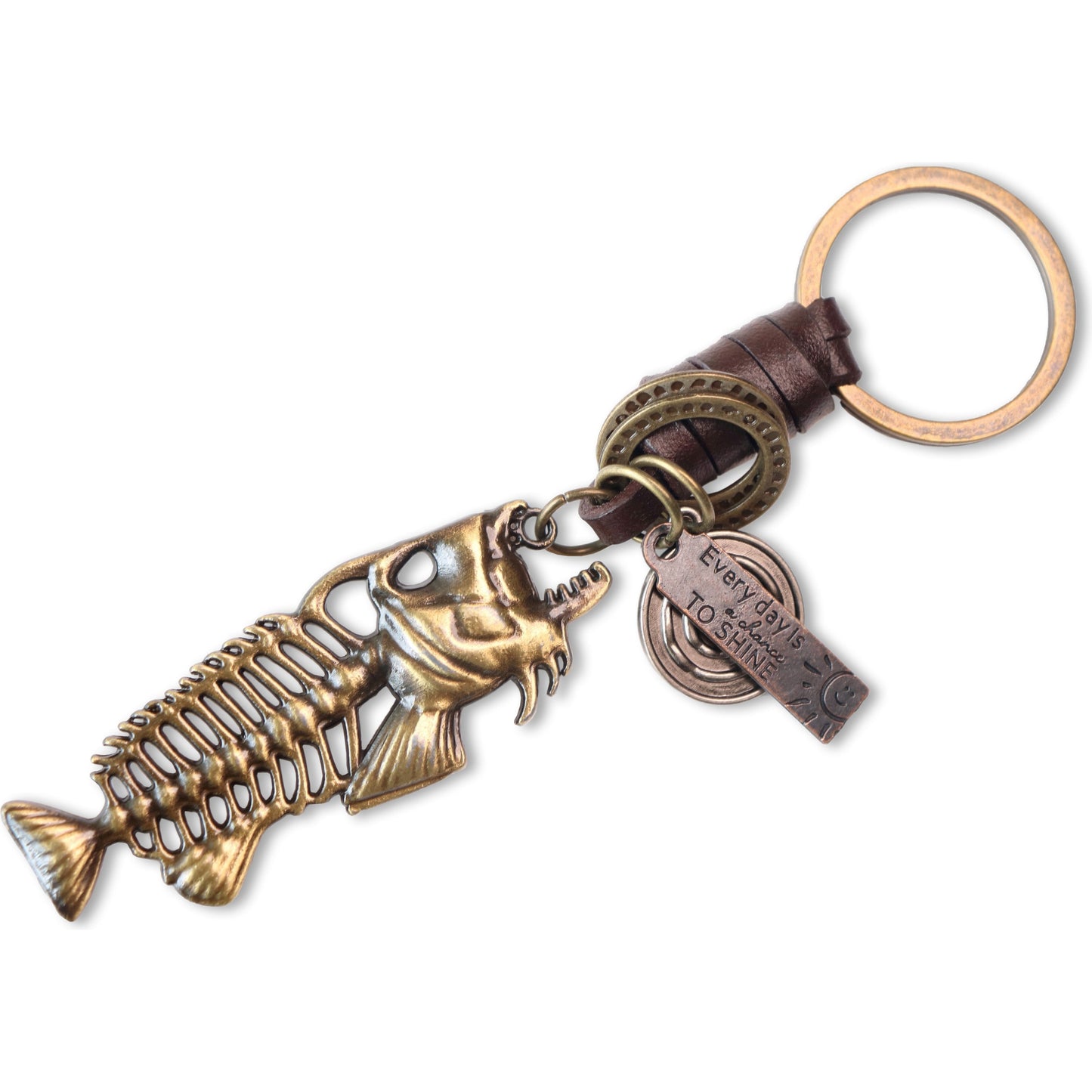 Fish Skeleton Keychain Gift – Handmade Vintage Leather – Unique Keyring Charm-AuPra