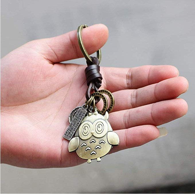 Owl Keychain Charm – Handmade Vintage Leather – Bird Gift Keyring