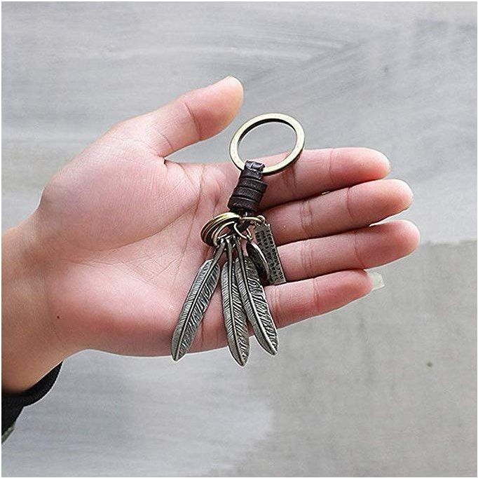 Feathers Keychain Charm – Handmade Vintage Leather – Boho Gift Keyring-AuPra