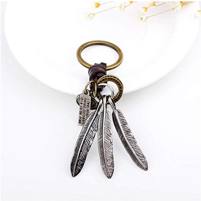 Feathers Keychain Charm – Handmade Vintage Leather – Boho Gift Keyring-AuPra