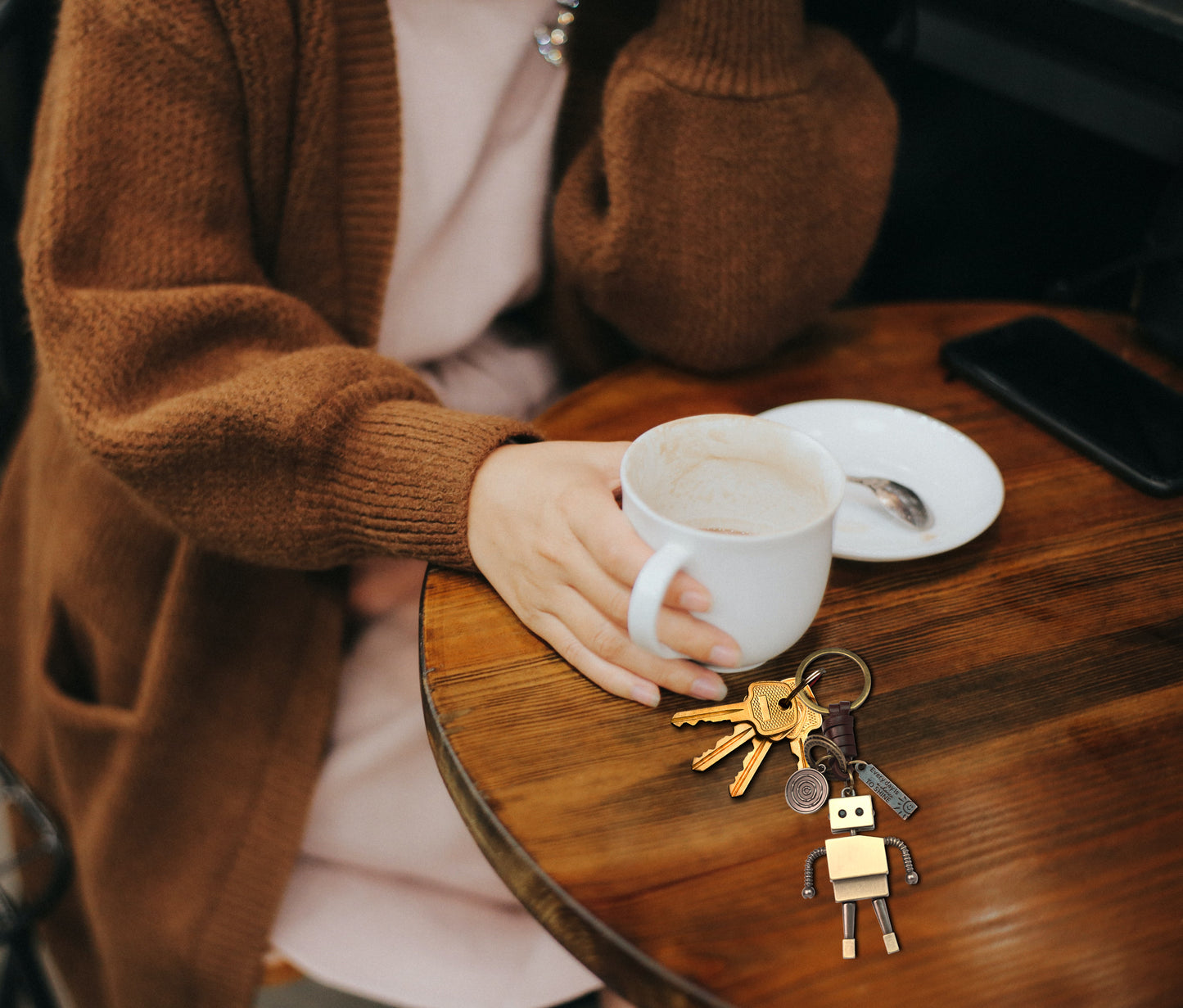 3D Robot Keychain Charm – Handmade Vintage Leather – Funny Gift Keyring