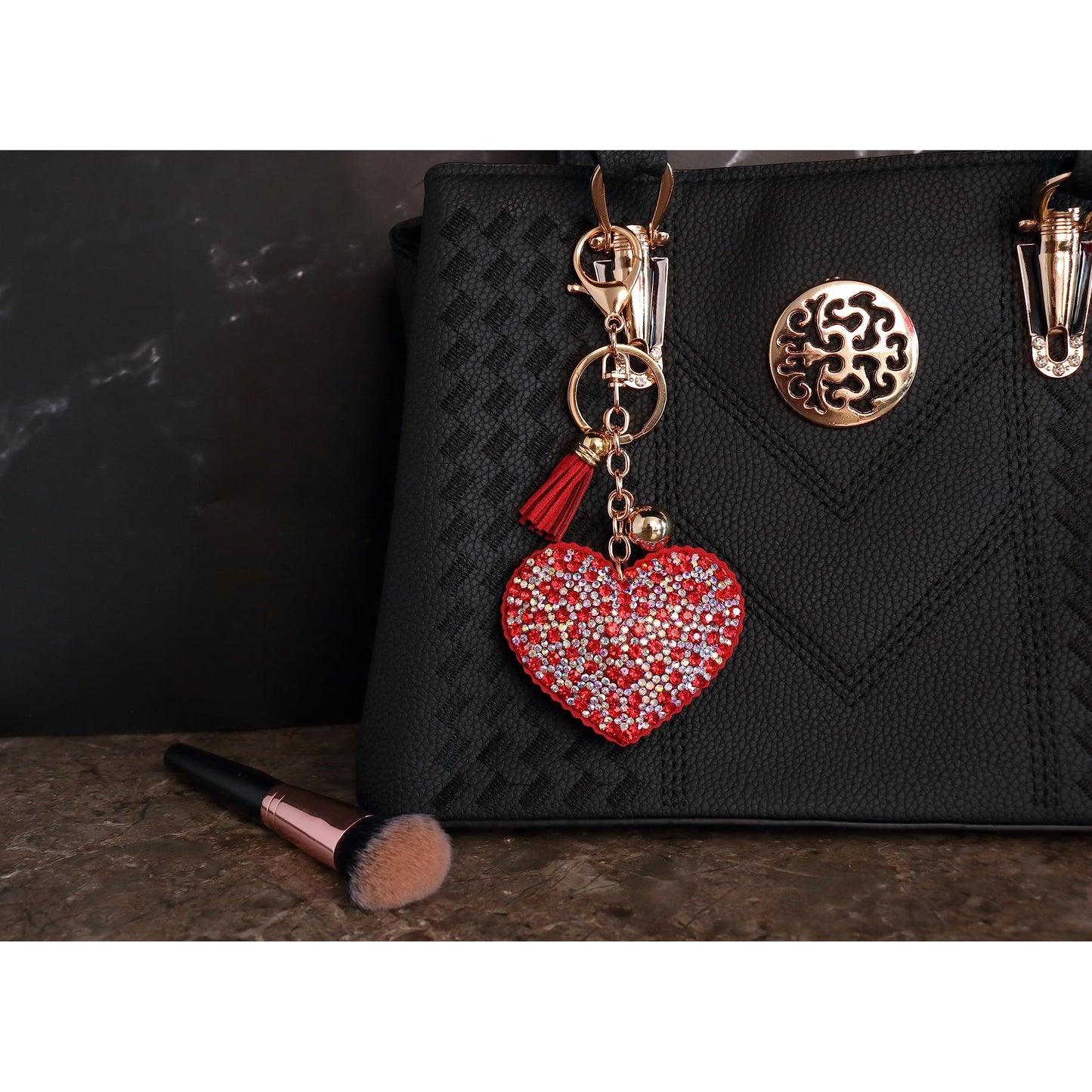 Heart Crystal Keychain – Velvet Sparkle Tassel Charm – Clip Bag Keyring Gift for Girls-AuPra