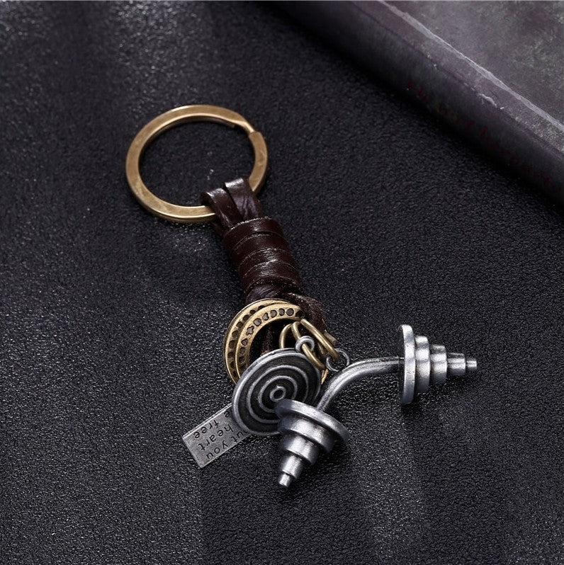 Dumbbell Keychain Charm – Handmade Vintage Leather – Fitness Gift Keyring for Gym Lovers