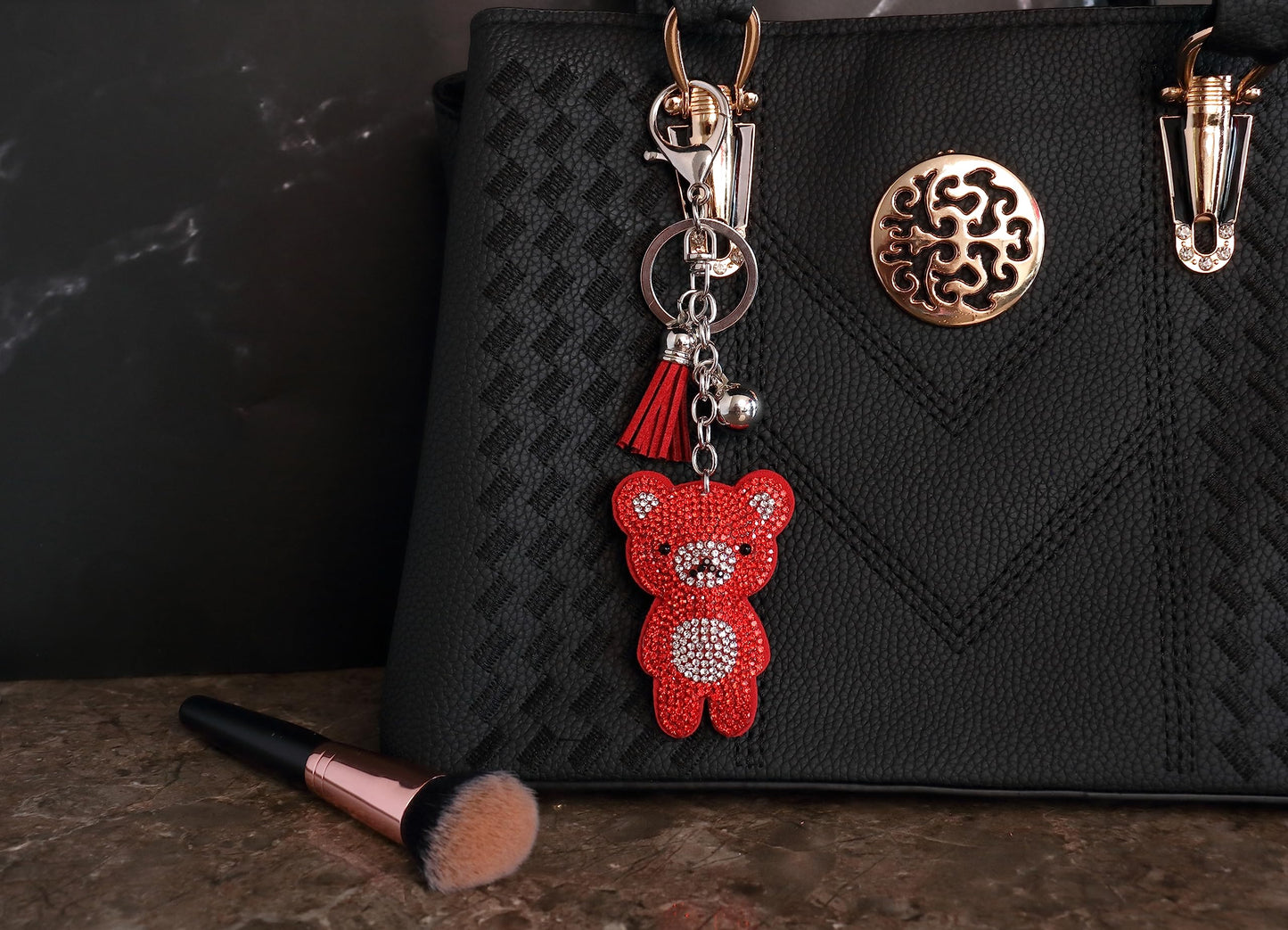 Teddy Bear Crystal Keychain – Velvet Sparkle Tassel Charm – Clip Bag Keyring Gift for Girls
