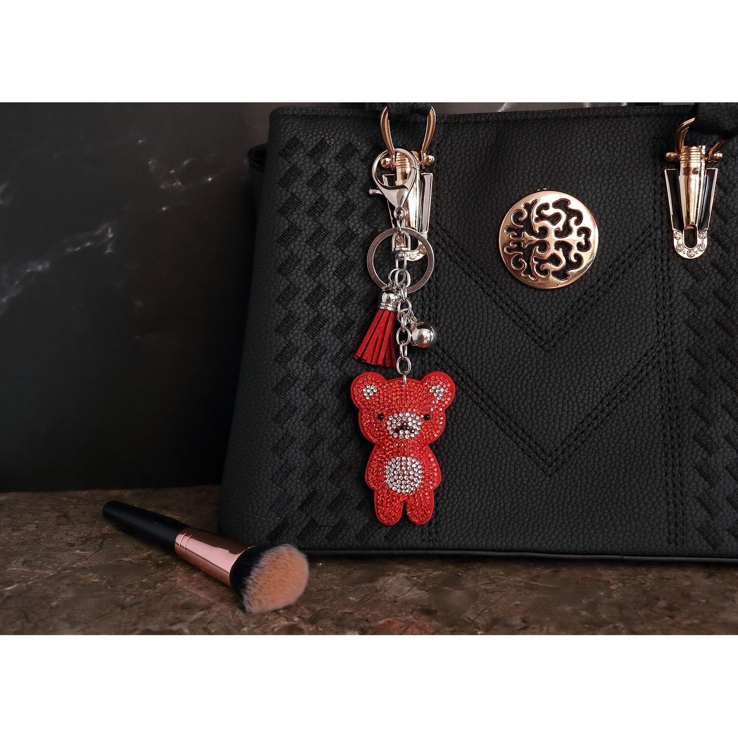 Teddy Bear Crystal Keychain – Velvet Sparkle Tassel Charm – Clip Bag Keyring Gift for Girls-AuPra