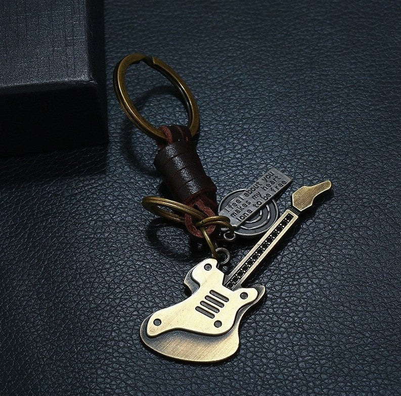 Electric Guitar Keychain Charm – Handmade Vintage Leather – Musical Gift Keyring