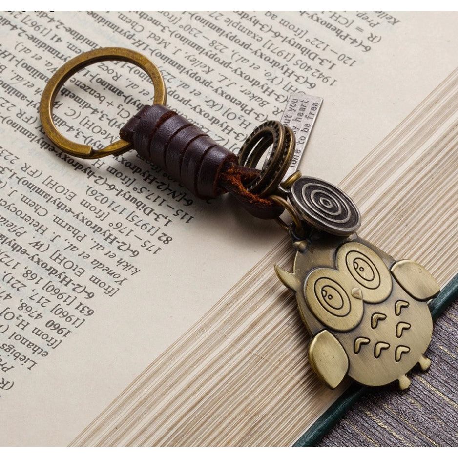Owl Keychain Charm – Handmade Vintage Leather – Bird Gift Keyring-AuPra