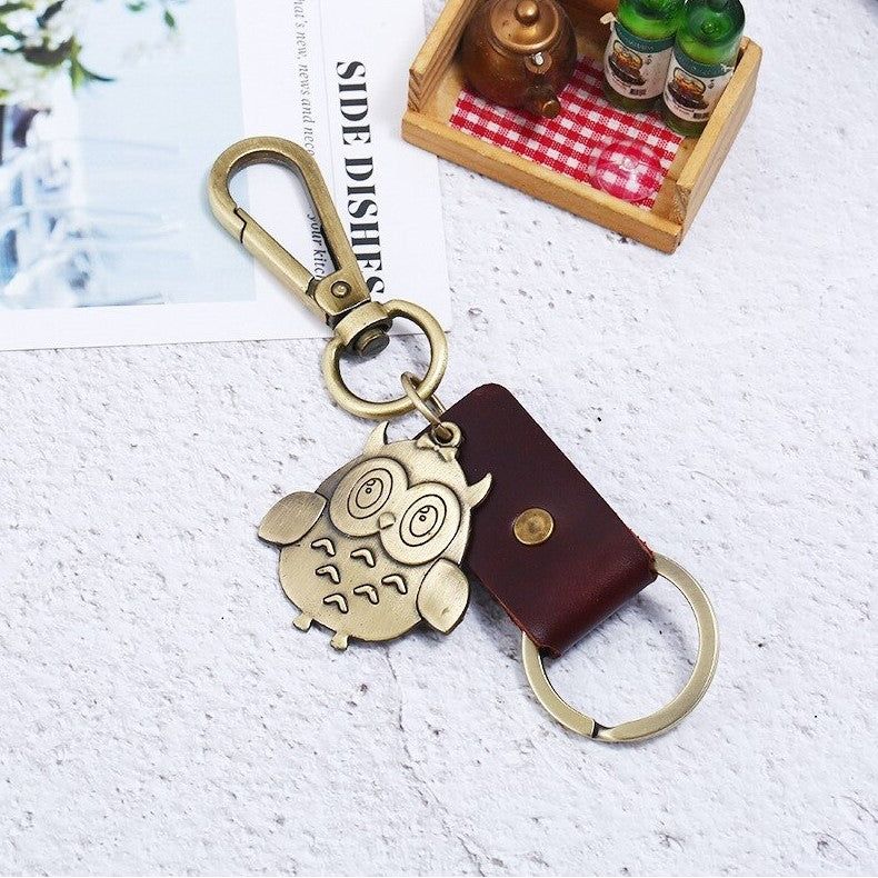 Owl Keychain Charm – Handmade Vintage Leather – Bird Gift Keyring-AuPra