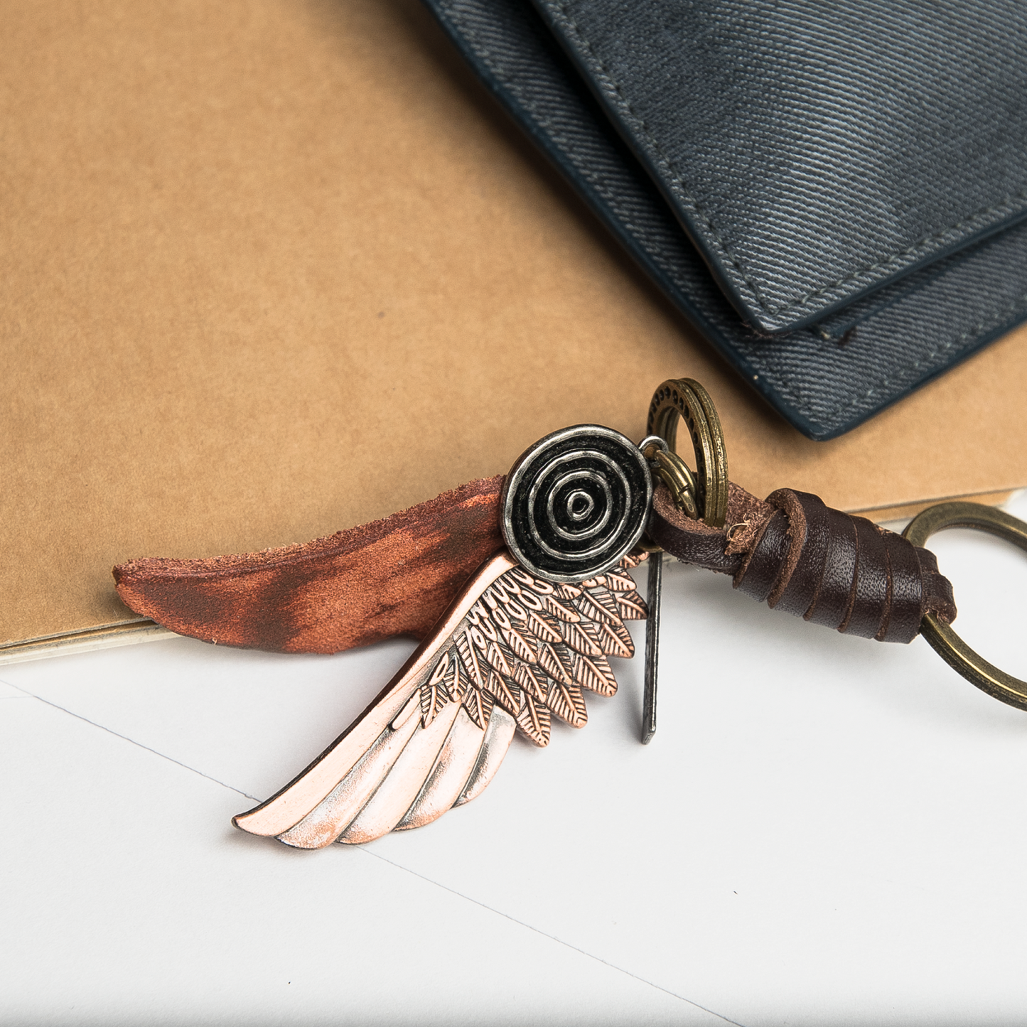 Angel Wing Keychain Charm – Handmade Vintage Leather – Guardian Angel Gift Keyring-AuPra