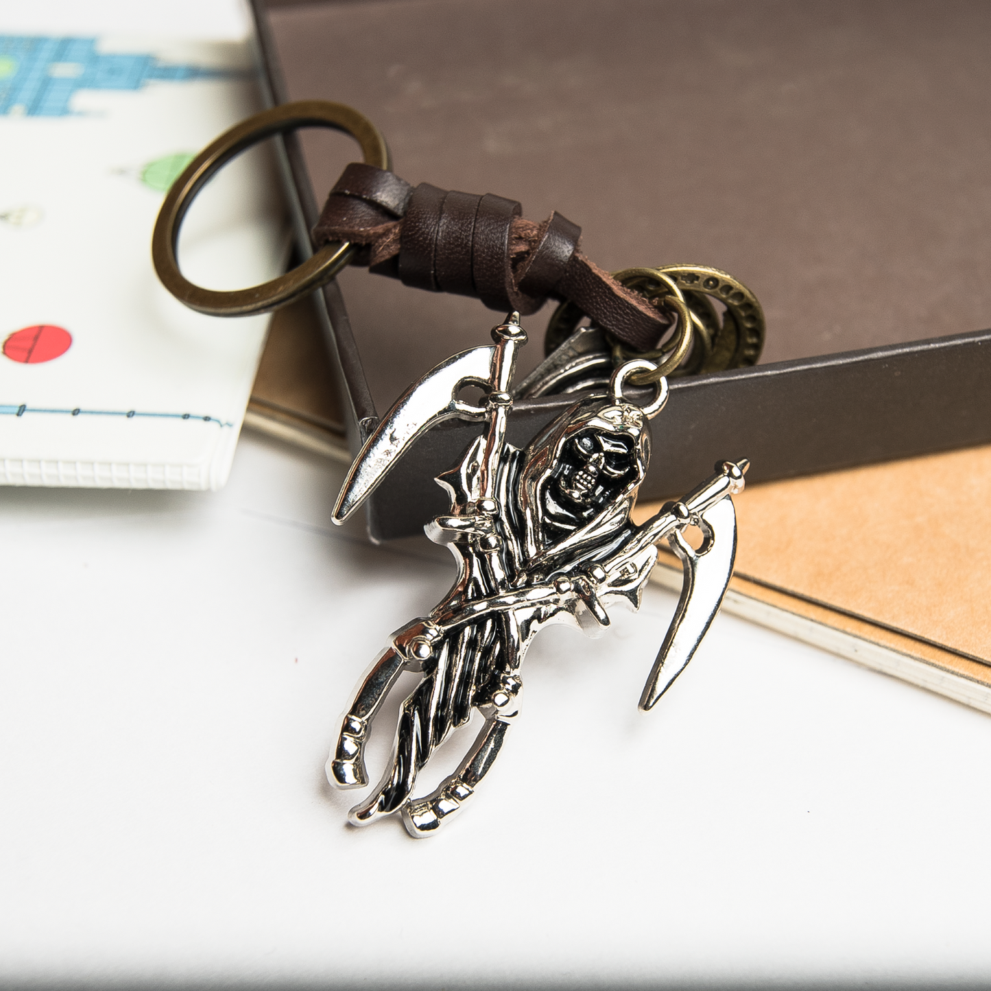 Grip Reaper Keychain Charm – Handmade Vintage Leather – Halloween Gift Keyring-AuPra