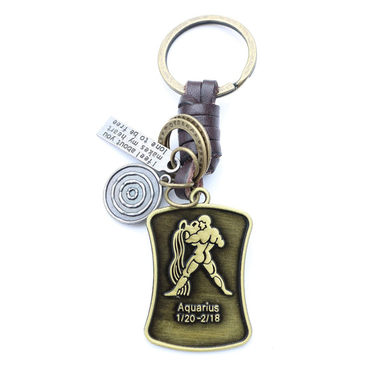 Star Sign Keychain Charm – Handmade Vintage Leather – Zodiac Sign Gift Keyring-AuPra