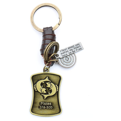 Star Sign Keychain Charm – Handmade Vintage Leather – Zodiac Sign Gift Keyring-AuPra