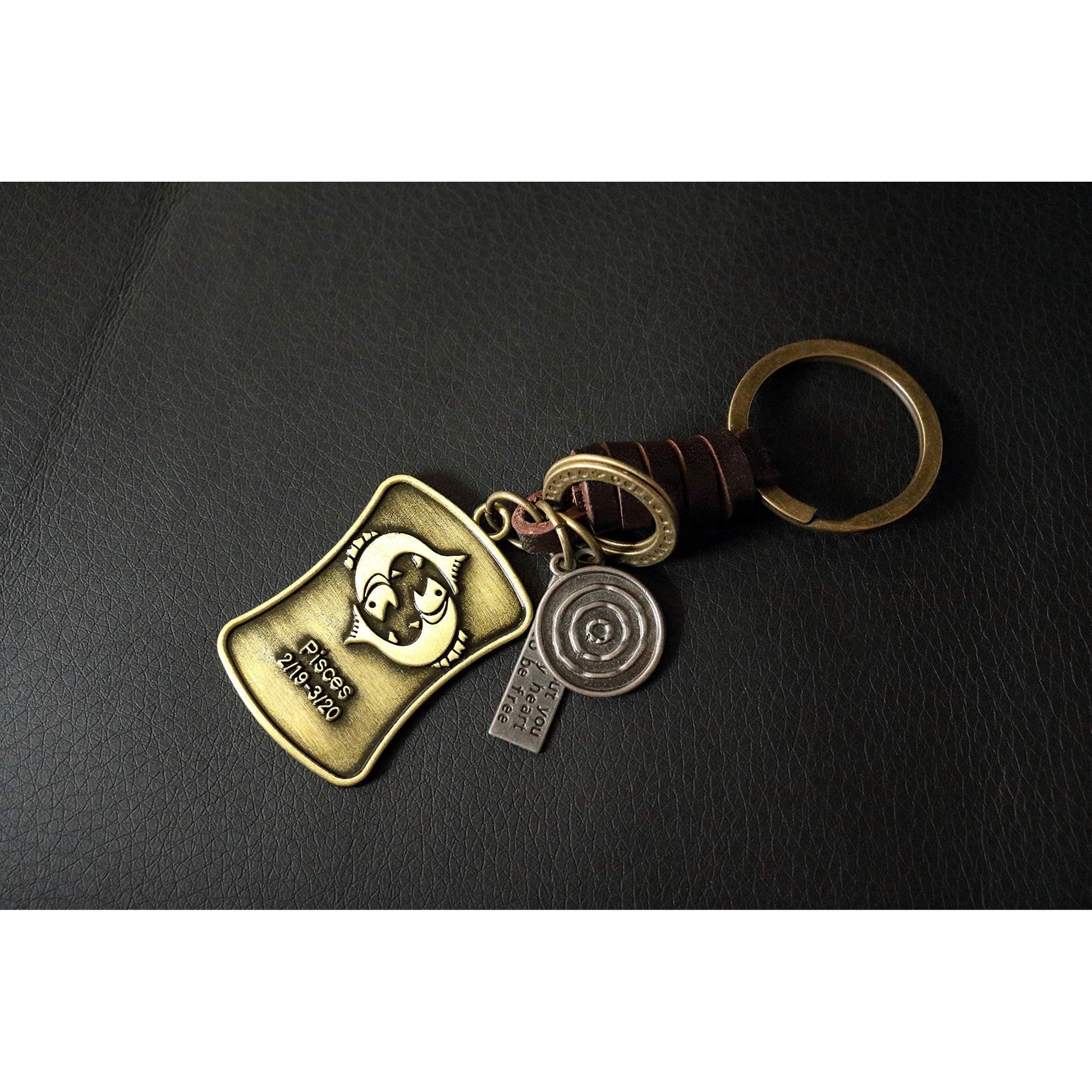 Star Sign Keychain Charm – Handmade Vintage Leather – Zodiac Sign Gift Keyring-AuPra