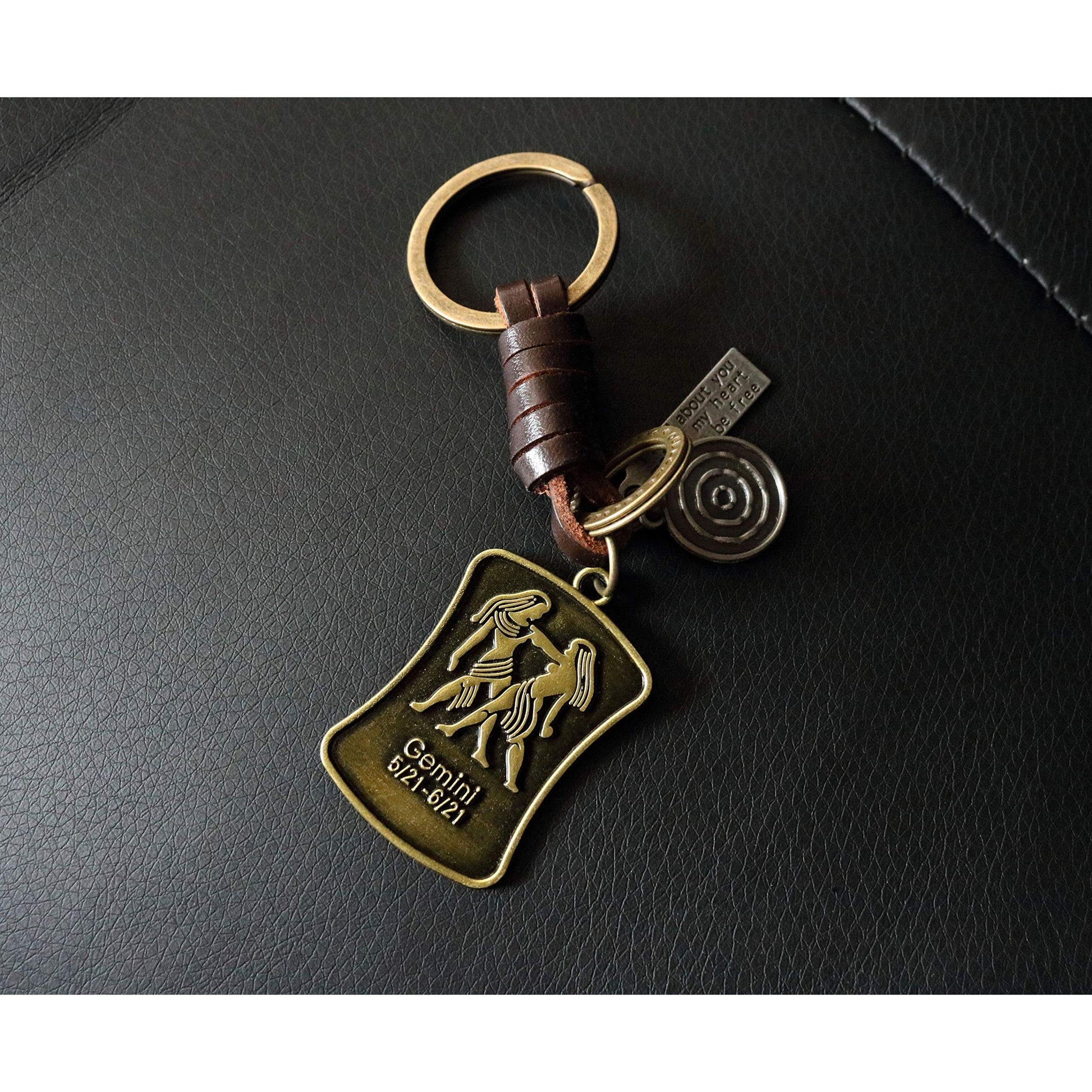 Star Sign Keychain Charm – Handmade Vintage Leather – Zodiac Sign Gift Keyring-AuPra