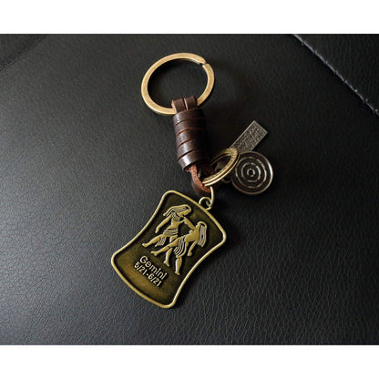 Star Sign Keychain Charm – Handmade Vintage Leather – Zodiac Sign Gift Keyring-AuPra