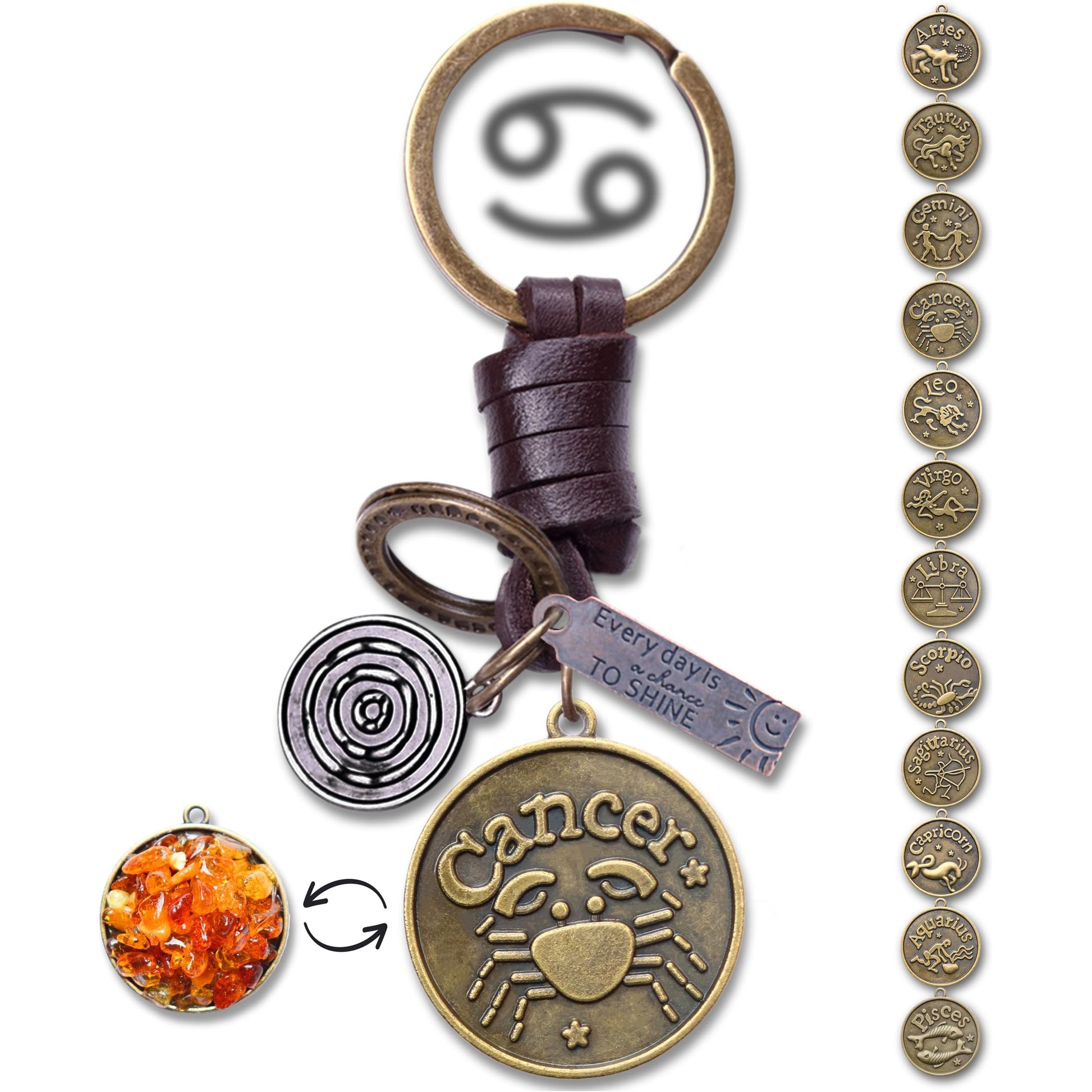 Star Sign Keychain Charm – Handmade Vintage Leather – Zodiac Sign Gift Keyring-AuPra