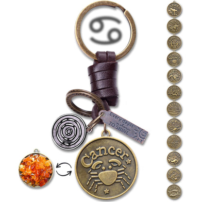 Star Sign Keychain Charm – Handmade Vintage Leather – Zodiac Sign Gift Keyring-AuPra