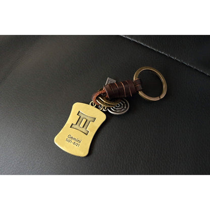 Star Sign Keychain Charm – Handmade Vintage Leather – Zodiac Sign Gift Keyring-AuPra