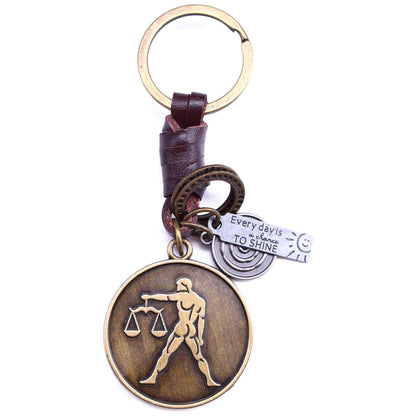 Star Sign Keychain Charm – Handmade Vintage Leather – Zodiac Sign Gift Keyring-AuPra