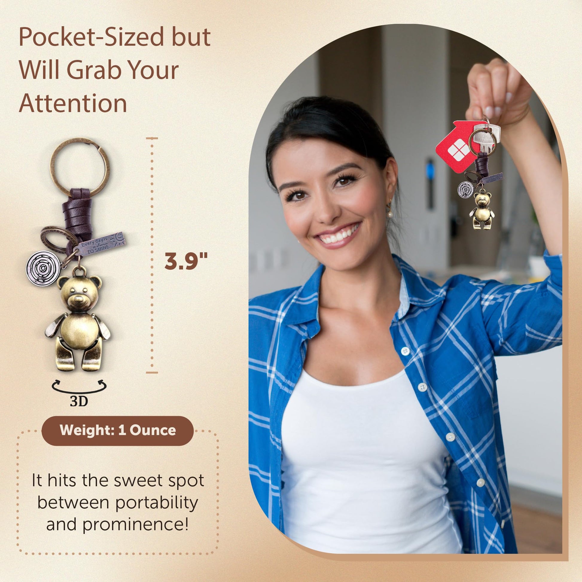 3D Teddy Bear Keychain Gift – Handmade Vintage Leather – Cute Keyring Charm-AuPra