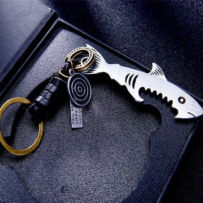Shark Bottle Opener Keychain – Handmade Vintage Leather – Fisherman Gift Keyring-AuPra
