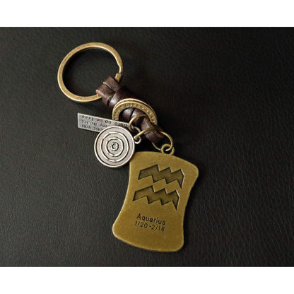 Star Sign Keychain Charm – Handmade Vintage Leather – Zodiac Sign Gift Keyring-AuPra