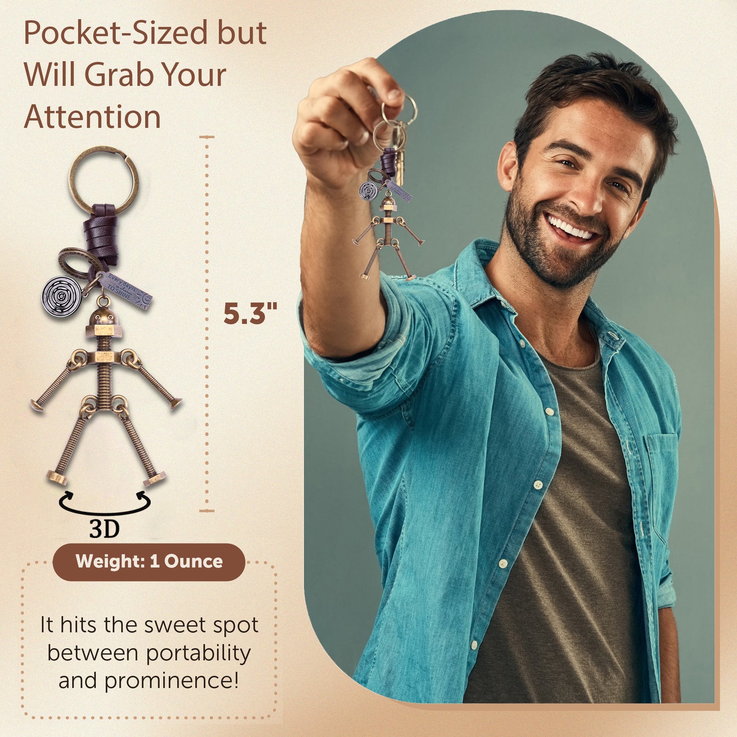 3D Screw Bolt Robot Keychain – Handmade Vintage Leather – Funny Gift Keyring Charm