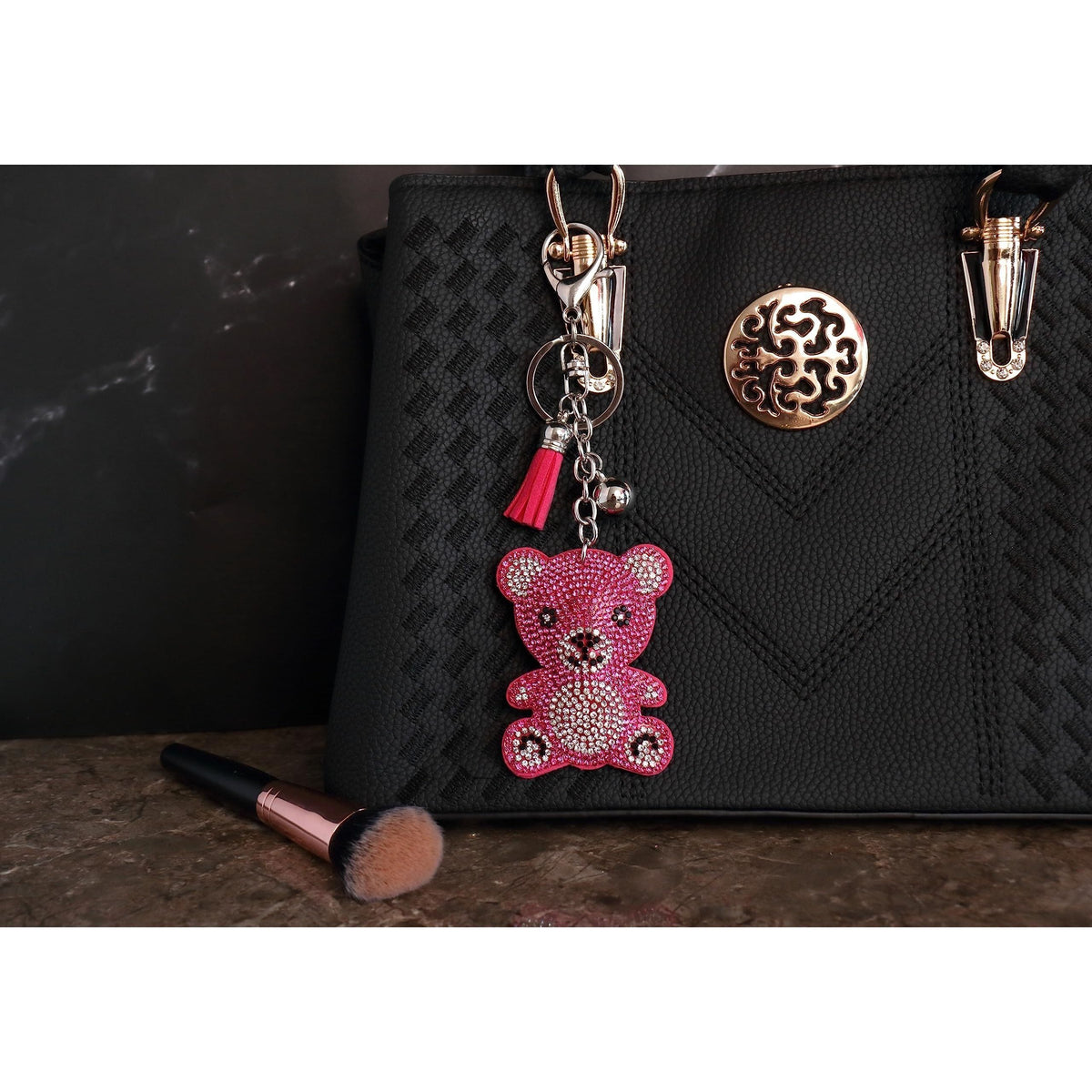 Teddy Bear Crystal Keychain – Velvet Sparkle Tassel Charm – Clip Bag Keyring Gift for Girls-AuPra