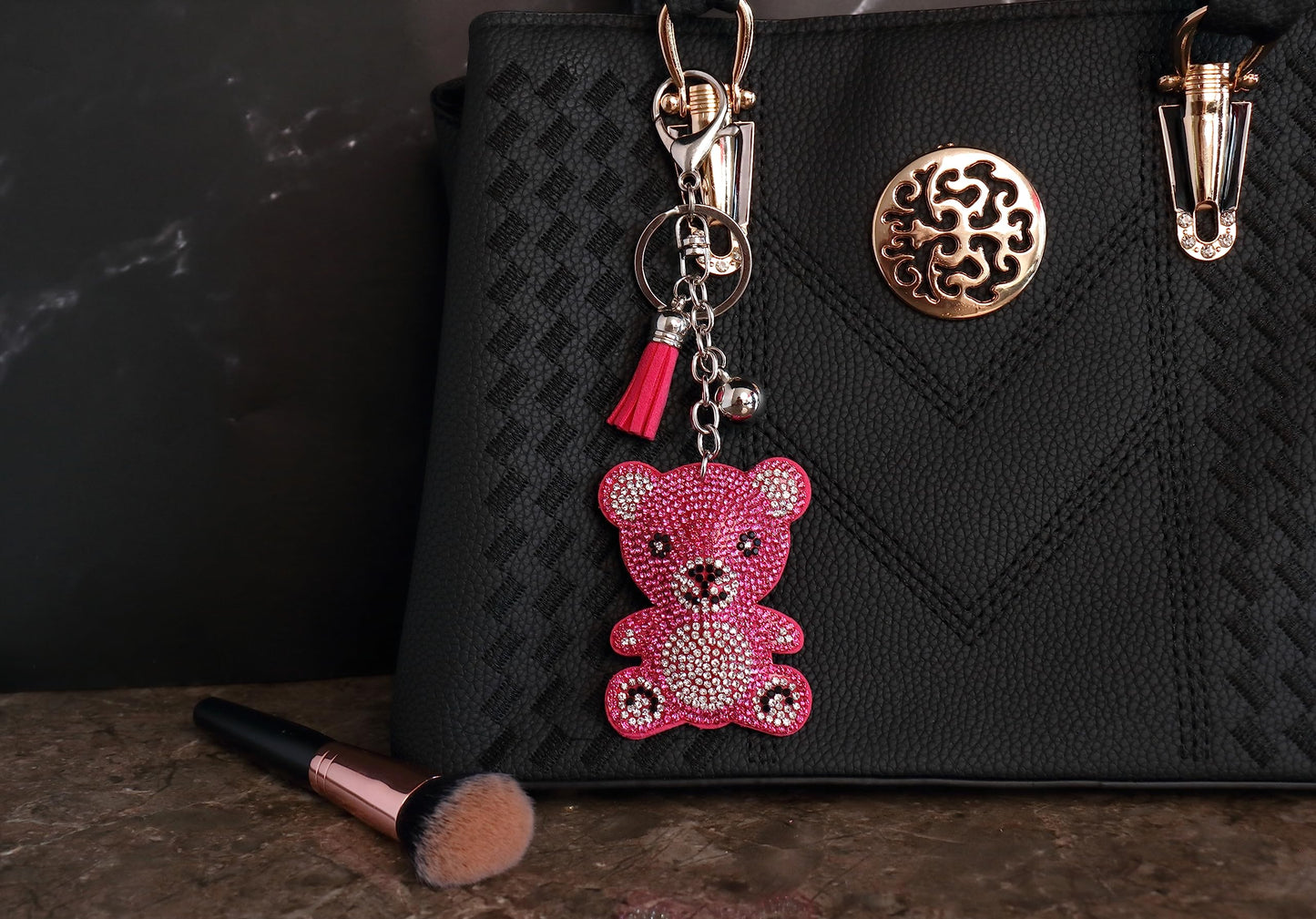 Teddy Bear Crystal Keychain – Velvet Sparkle Tassel Charm – Clip Bag Keyring Gift for Girls
