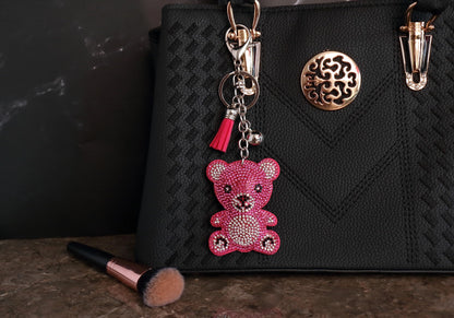 Teddy Bear Crystal Keychain – Velvet Sparkle Tassel Charm – Clip Bag Keyring Gift for Girls