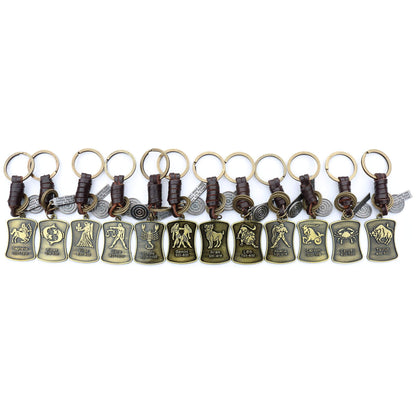 Star Sign Keychain Charm – Handmade Vintage Leather – Zodiac Sign Gift Keyring-AuPra
