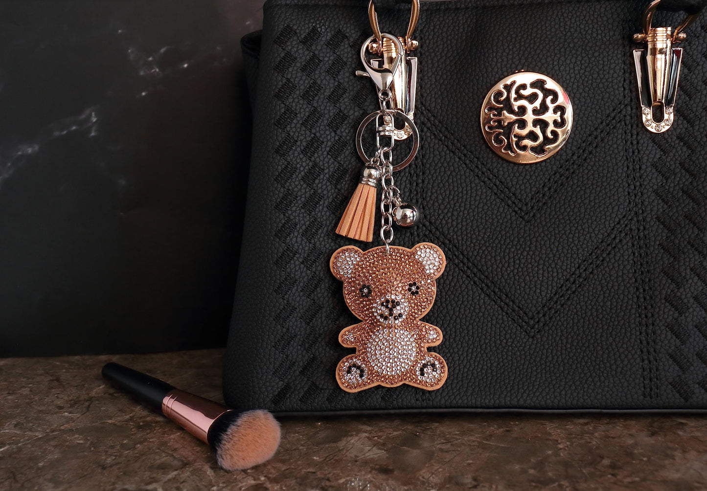 Teddy Bear Crystal Keychain – Velvet Sparkle Tassel Charm – Clip Bag Keyring Gift for Girls