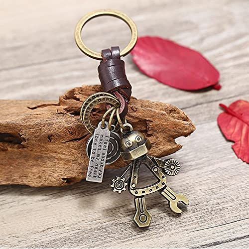 3D Robot Keychain Charm – Handmade Vintage Leather – Funny Gift Keyring-AuPra