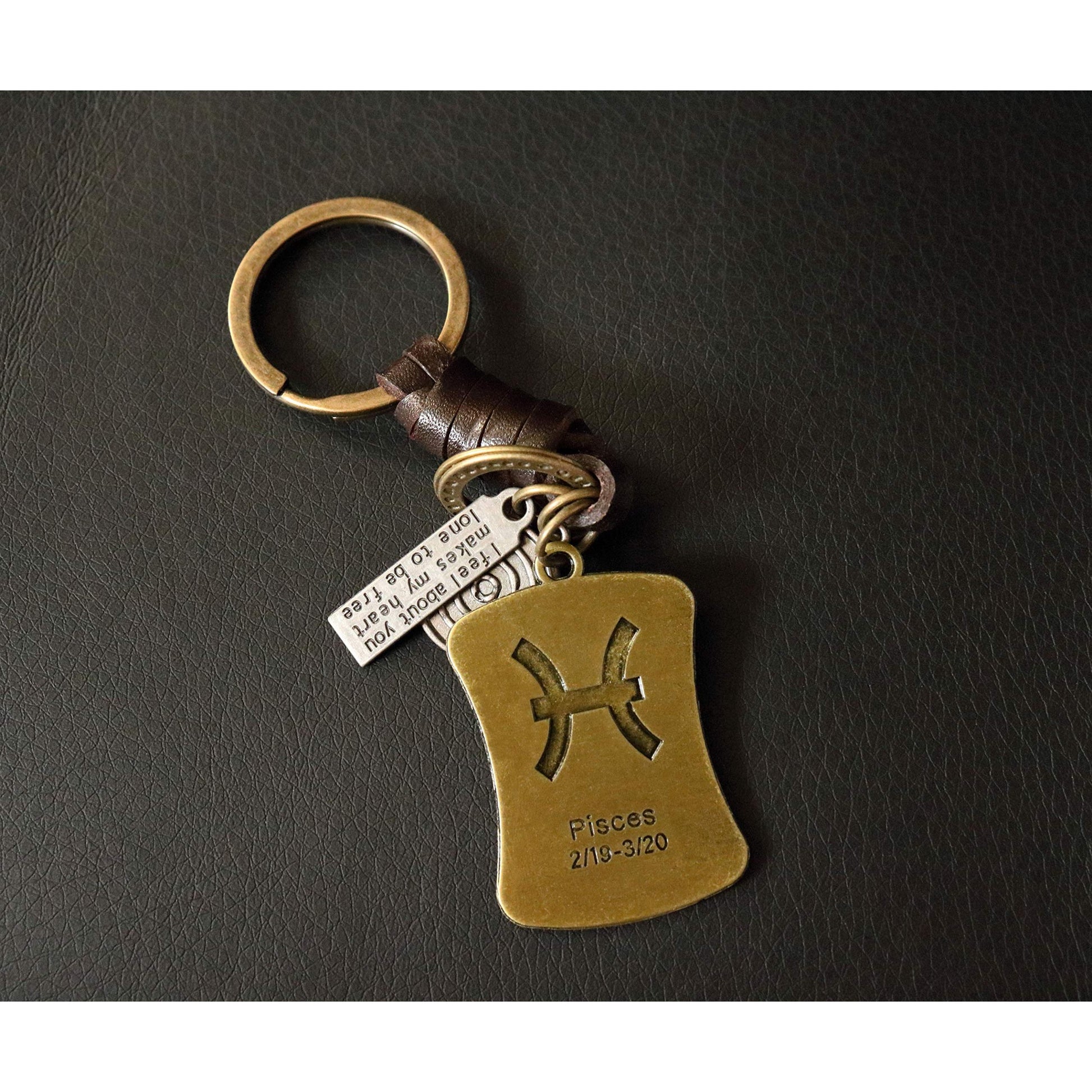 Star Sign Keychain Charm – Handmade Vintage Leather – Zodiac Sign Gift Keyring-AuPra