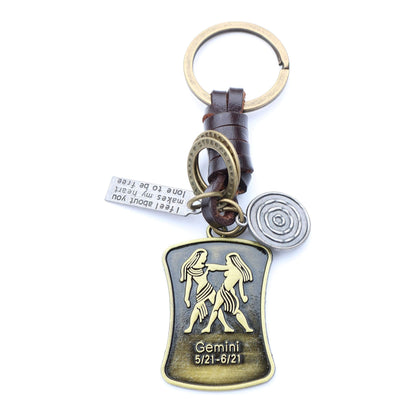 Star Sign Keychain Charm – Handmade Vintage Leather – Zodiac Sign Gift Keyring-AuPra