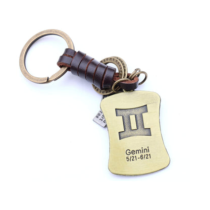 Star Sign Keychain Charm – Handmade Vintage Leather – Zodiac Sign Gift Keyring-AuPra