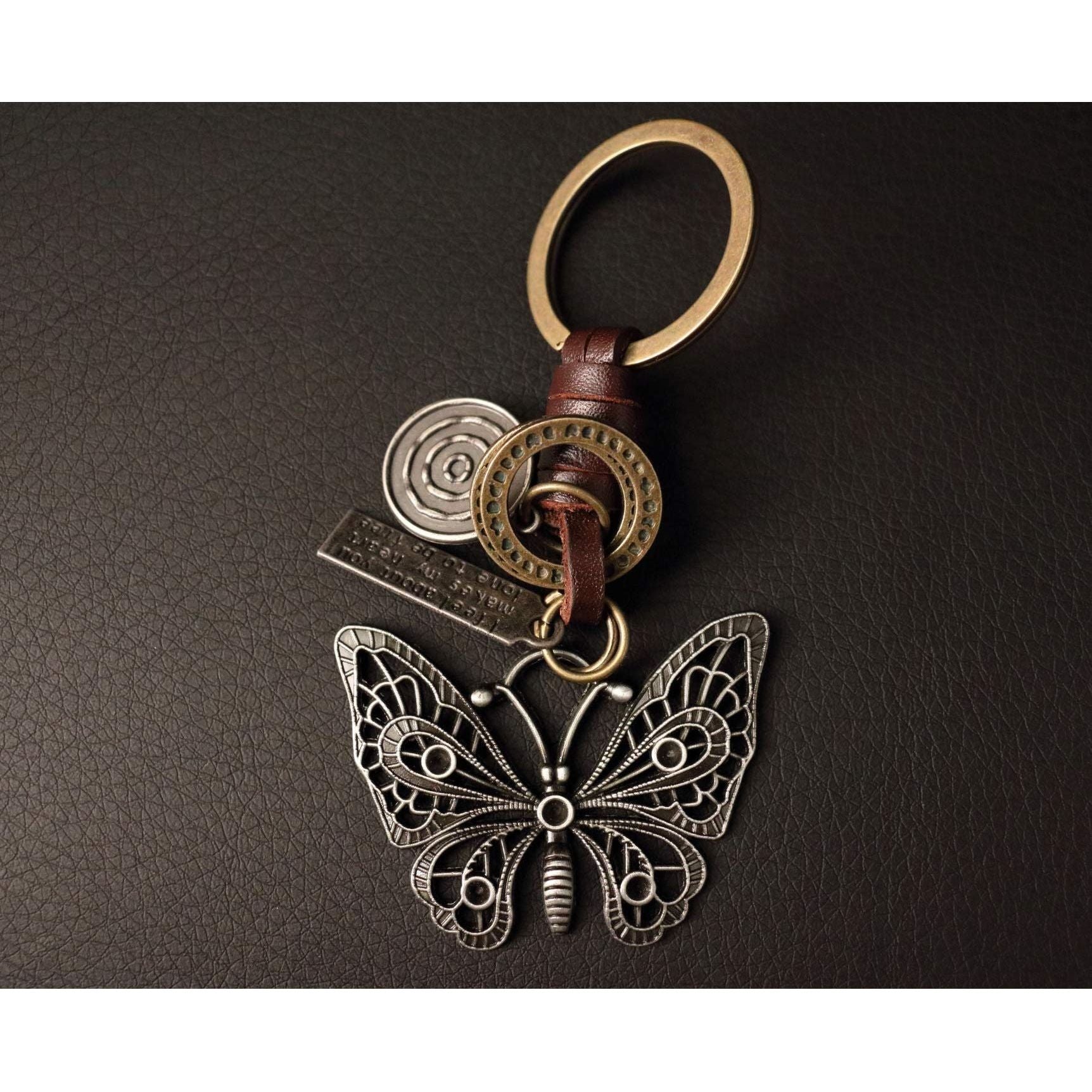Butterfly Keychain Charm – Handmade Vintage Leather – Gift for Her Keyring-AuPra