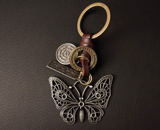 Butterfly Keychain Charm – Handmade Vintage Leather – Gift for Her Keyring