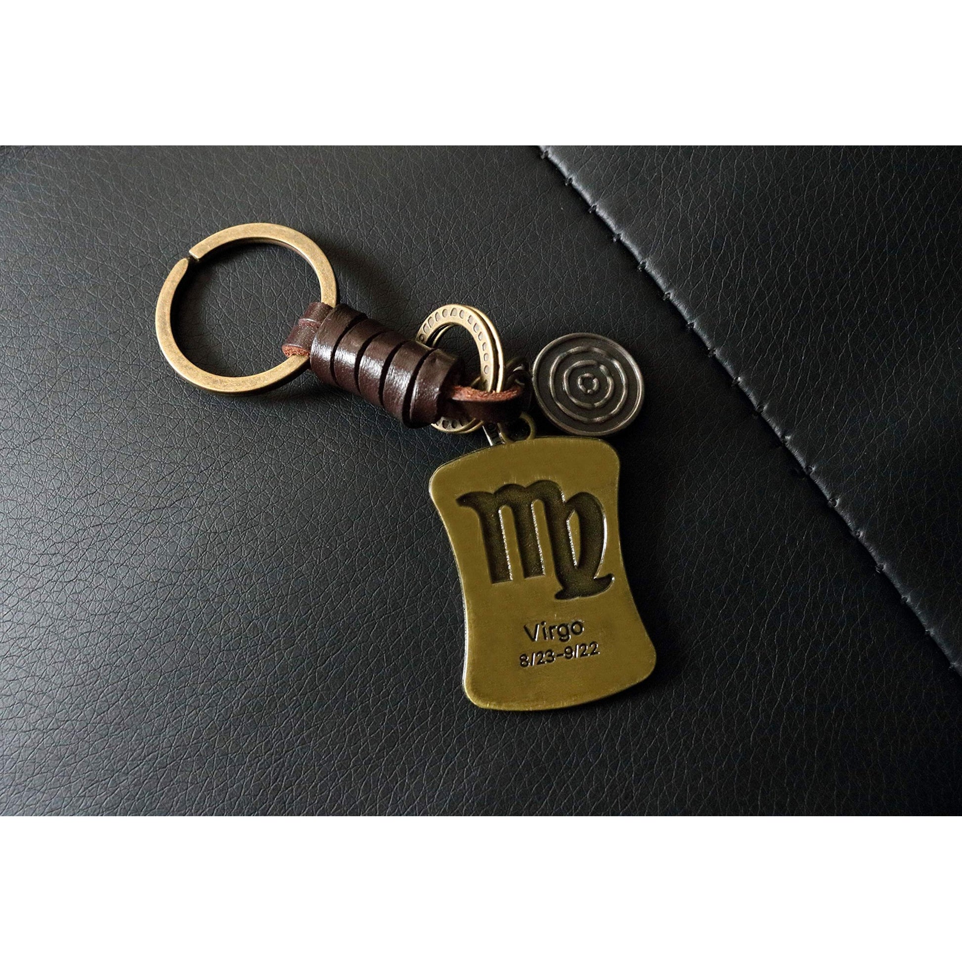 Star Sign Keychain Charm – Handmade Vintage Leather – Zodiac Sign Gift Keyring-AuPra