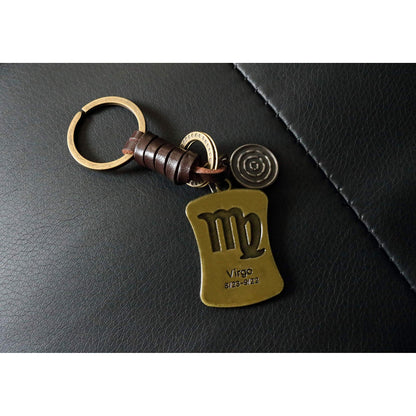 Star Sign Keychain Charm – Handmade Vintage Leather – Zodiac Sign Gift Keyring-AuPra