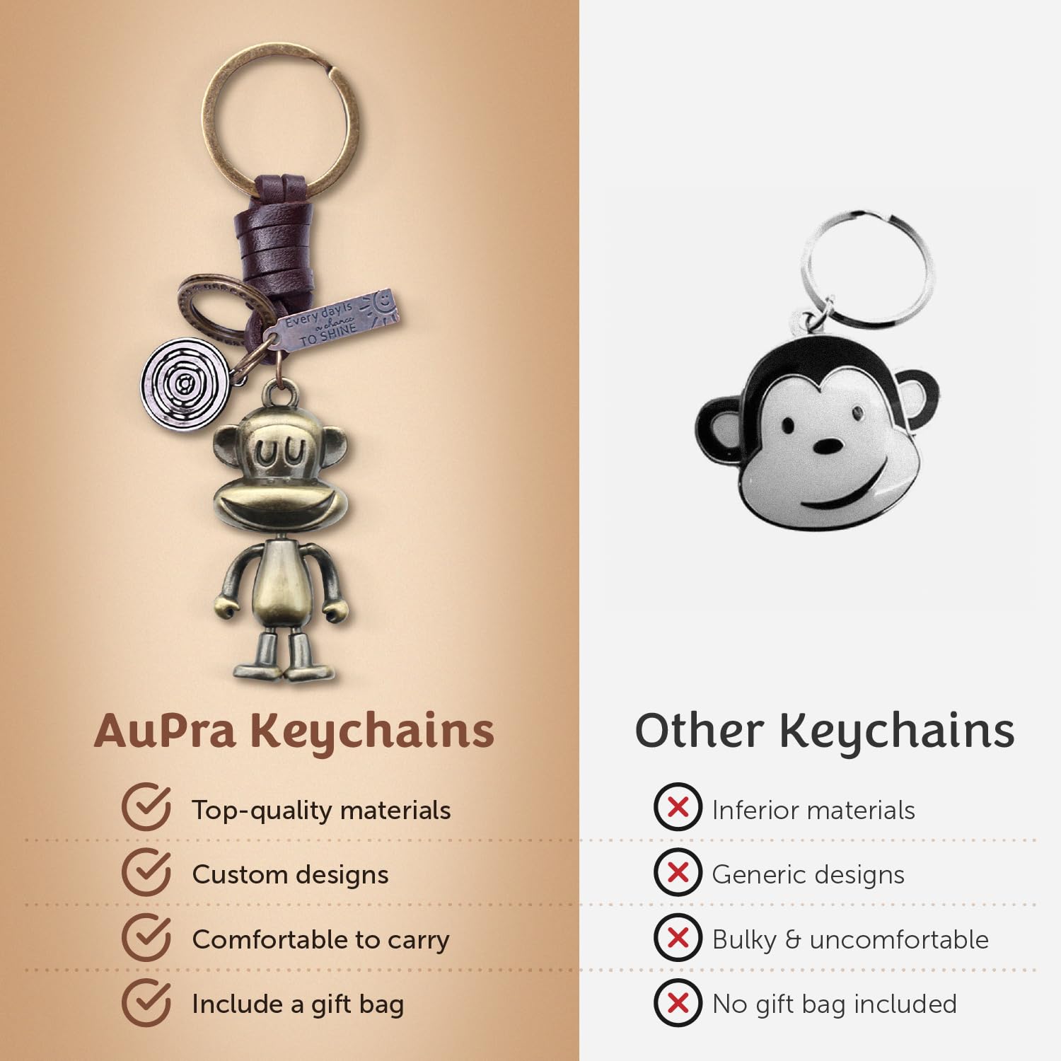 3D Monkey Keychain Gift – Handmade Vintage Leather – Funny Keyring Charm-AuPra