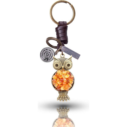 Amber Owl Keychain Charm – Handmade Vintage Leather – Bird Lover Gift Keyring-Amber-AuPra