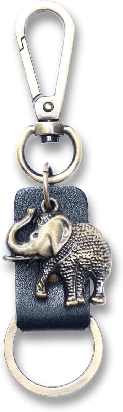 AuPra Elephant KeyChain Gift Women & Men Black Leather KeyRing Home Car Keys Holder Ladies Good Luck Present
