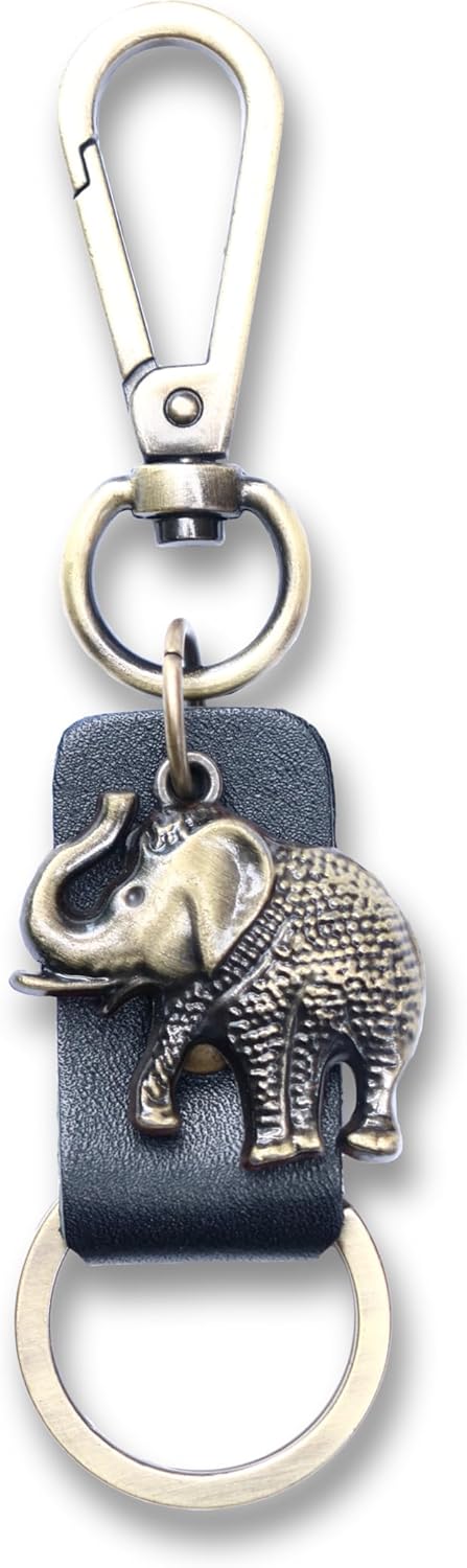 AuPra Elephant KeyChain Gift Women & Men Black Leather KeyRing Home Car Keys Holder Ladies Good Luck Present