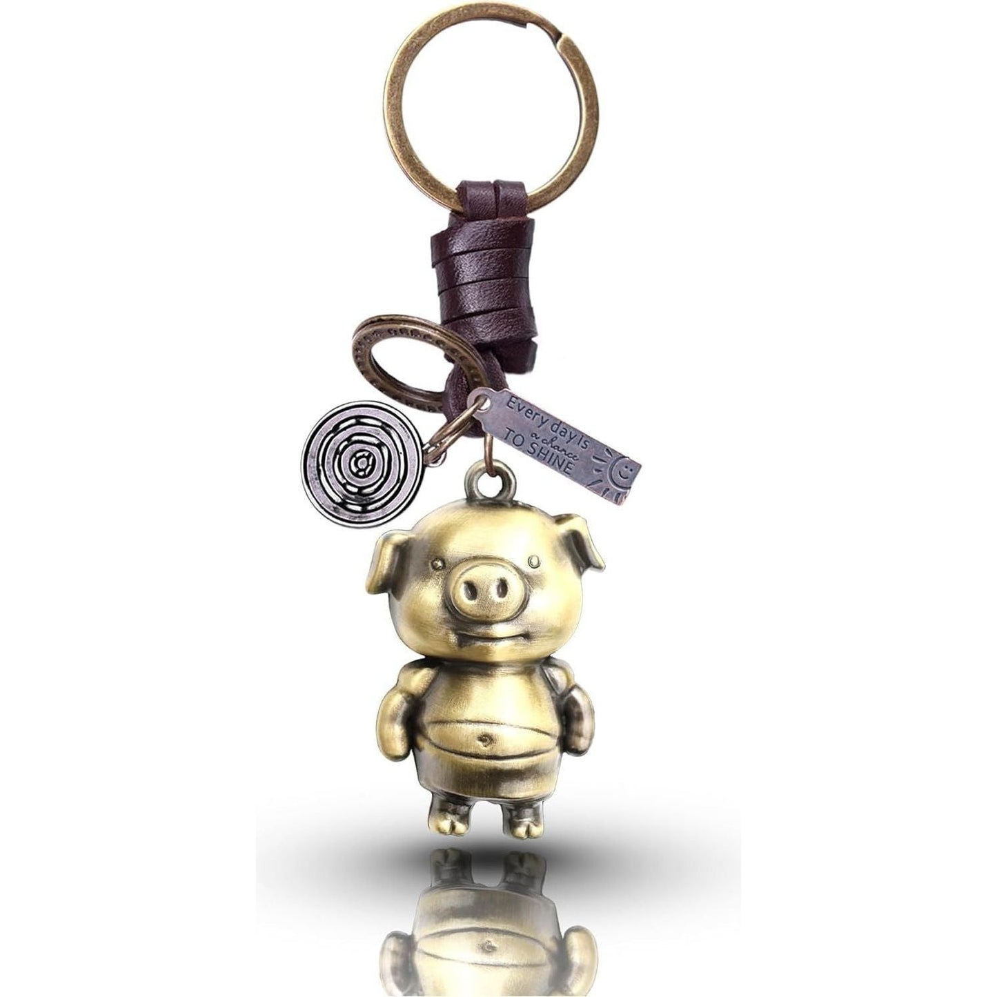 3D Pig Keychain Gift – Handmade Vintage Leather – Funny Piggy Keyring Charm-AuPra