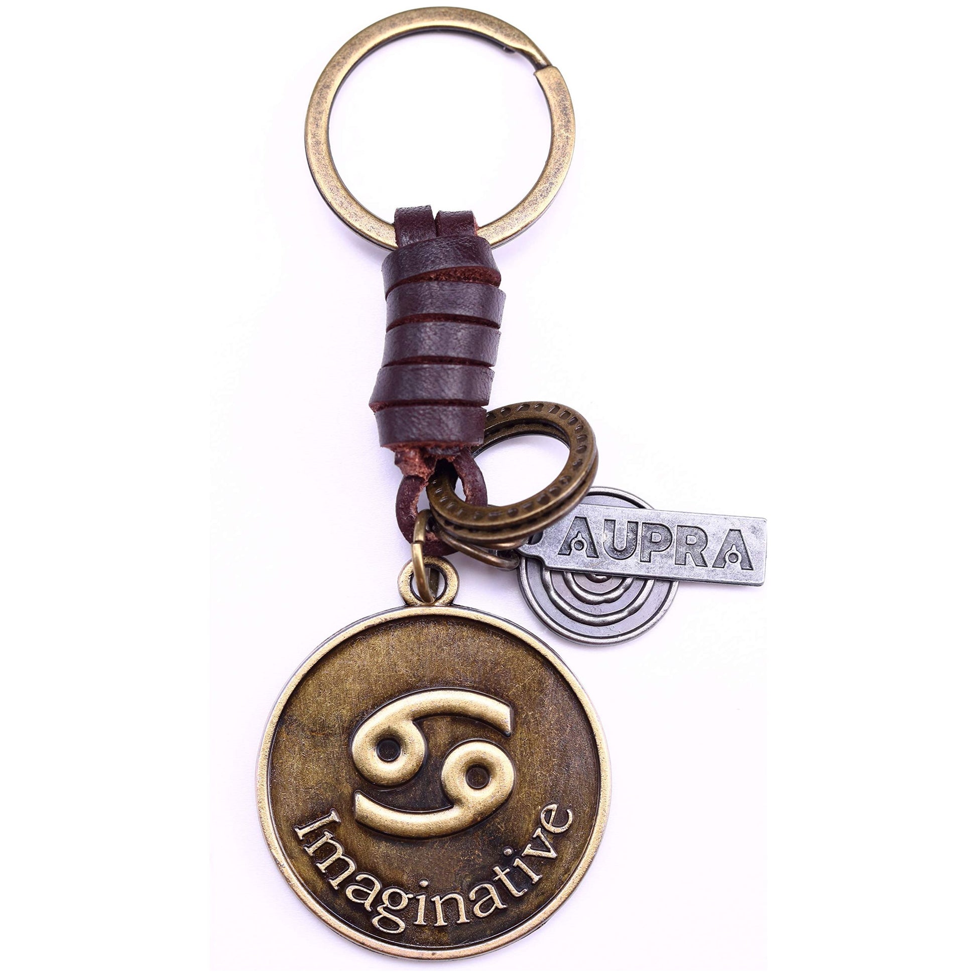 Star Sign Keychain Charm – Handmade Vintage Leather – Zodiac Sign Gift Keyring-AuPra