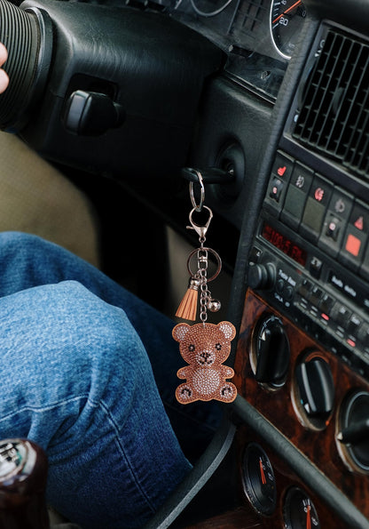 Teddy Bear Crystal Keychain – Velvet Sparkle Tassel Charm – Clip Bag Keyring Gift for Girls