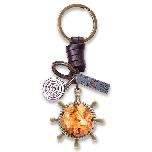 Amber Ship Wheel Keychain – Handmade Vintage Leather – Sailor Gift Keyring Charm-Amber-AuPra
