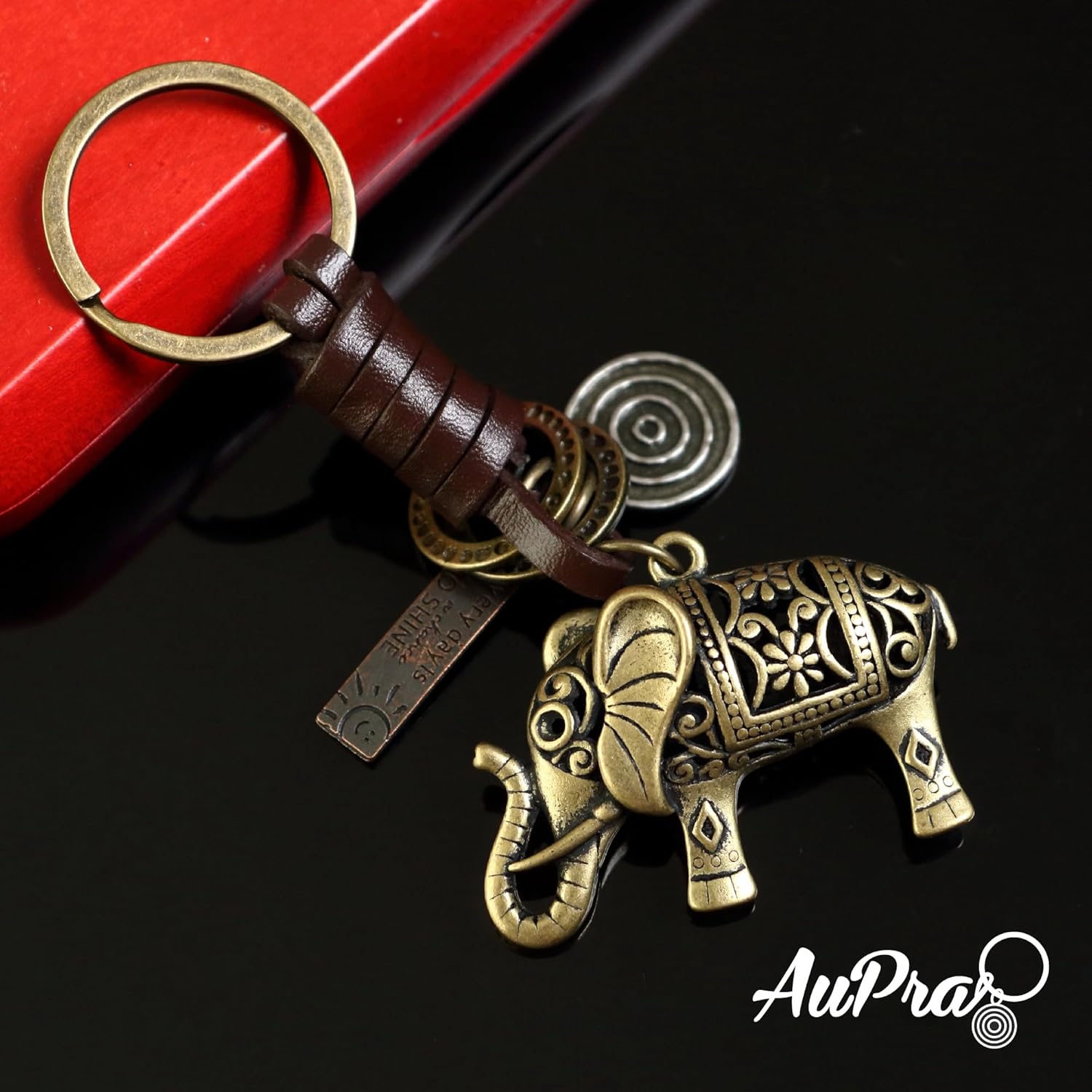 3D Elephant Keychain Gift – Handmade Vintage Leather – Good Luck Keyring Charm-AuPra